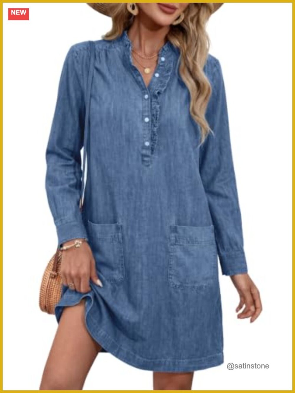 Sidefeel Women's Long Sleeve Denim Dress Ruffled V-Neck Pockets Loose Fit
